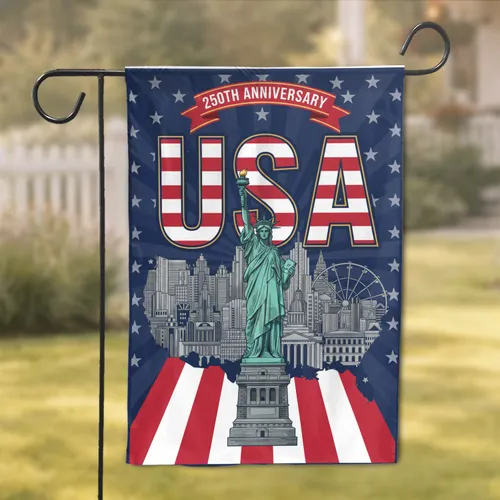 USA Flag Statue of Liberty Stars Stripes Cityscape Ferris Wheel 250th Anniversary Garden Flag