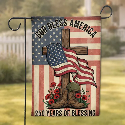 God Bless America Cross Flag, Military Boots, Poppies - USA 250th Anniversary Garden Flag