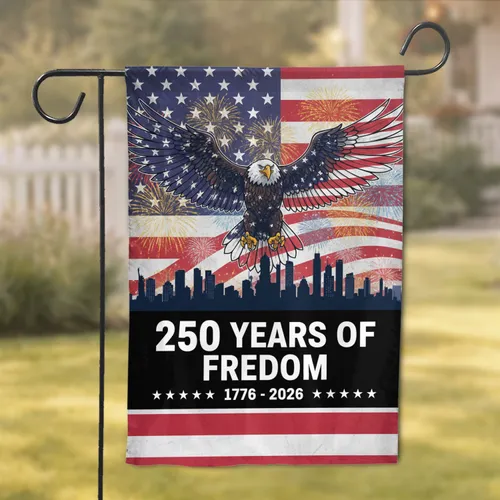 Bald Eagle American Flag Cityscape 1776-2026 USA 250th Anniversary Gift for Veterans Garden Flag