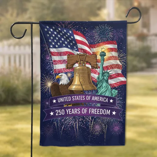 Bald Eagle Liberty Bell Statue of Liberty American Flag - USA 250 Years of Freedom Garden Flag