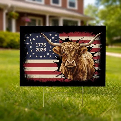 Distressed Highland Cow Betsy Ross American Flag 1776-2026 USA 250th Anniversary Freedom Yard Sign