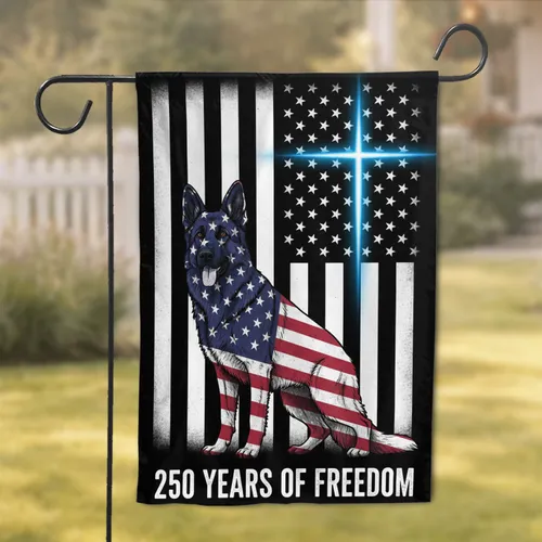 Patriotic German Shepherd Flag - Thin Blue Line 250th Anniversary Freedom USA 1776-2026 Garden Flag