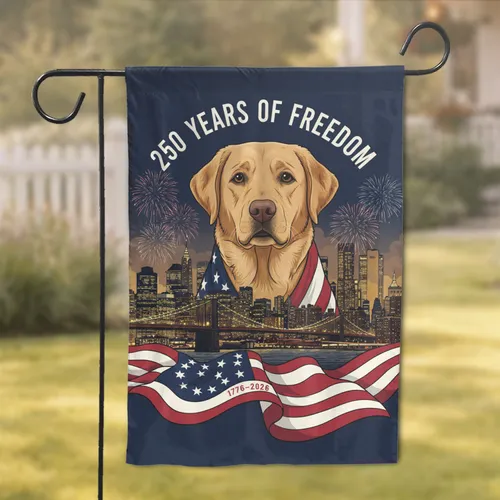 Golden Labrador Betsy Ross Flag Cityscape Fireworks - USA 250th Anniversary (1776-2026) Garden Flag