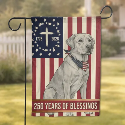 Labrador Retriever American Flag Christian Cross 1776-2026 - Patriotic 250th Anniversary Garden Flag