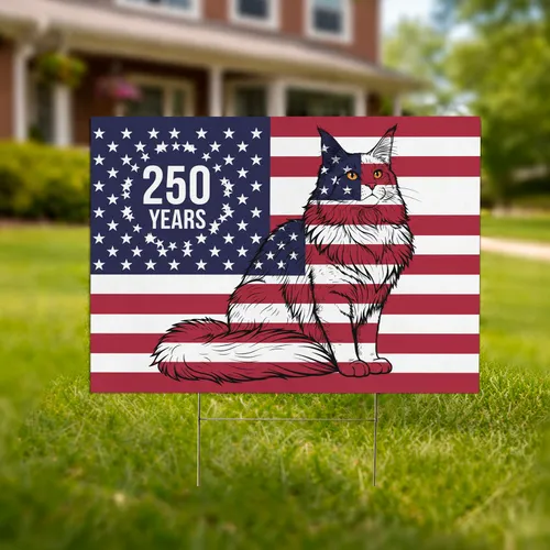 Maine Coon Cat American Flag 1776-2026 - USA 250th Anniversary Patriotic Celebration Yard Sign