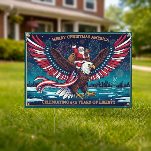 Bald Eagle American Flag Santa Christmas Cityscape - USA 250th Anniversary 1776-2026 Yard Sign