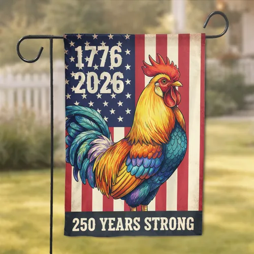 Watercolor Rooster American Flag 1776-2026 - USA 250th Anniversary Heritage Design Garden Flag