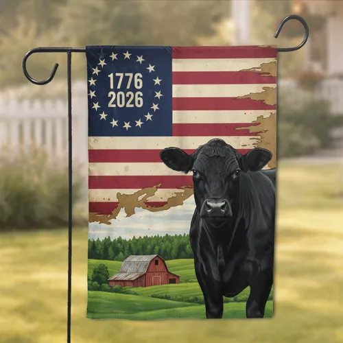 Black Angus Cow American Flag 1776-2026 - USA 250th Anniversary Patriotic Gift Garden Flag