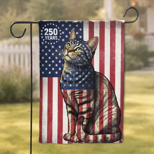 Tabby Cat American Flag 250 Years - USA 1776-2026 Patriotic Anniversary Garden Flag