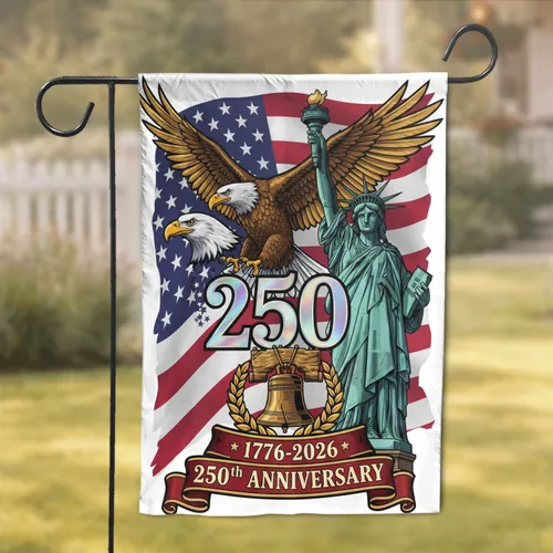 Patriotic Bald Eagle Liberty Statue Flag Liberty Bell - USA 250th Anniversary 1776-2026 Garden Flag