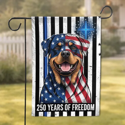 Rottweiler American Flag 1776-2026 Thin Blue Line Cross - USA 250 Years of Freedom Garden Flag