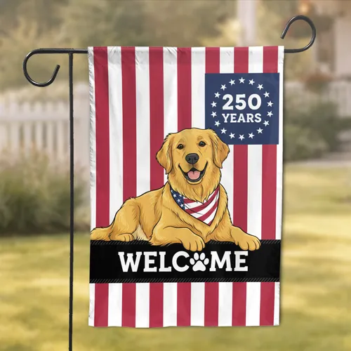 Patriotic Golden Retriever Dog Flag - USA 250 Years 1776-2026 Welcome Paw Print Garden Flag