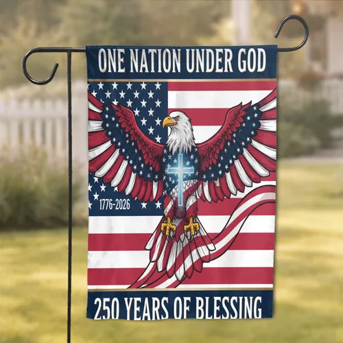 Bald Eagle American Flag Christian Cross - One Nation Under God 250 Years for Veterans Garden Flag