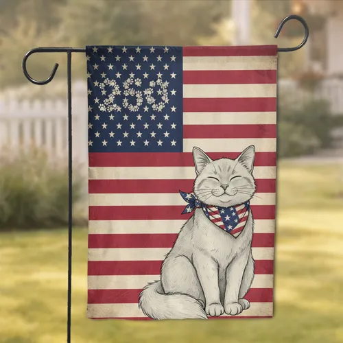 Distressed American Flag Cat 250th Anniversary (1776-2026) Paw Print Patriotic Garden Flag