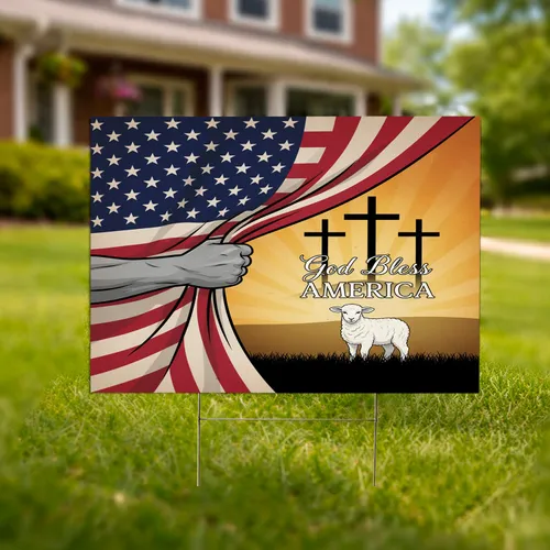 Patriotic American Flag Crosses Lamb - God Bless America Faith & Freedom Decor Yard Sign