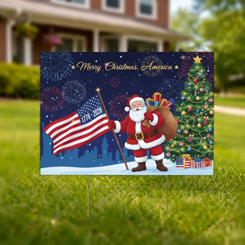 Jolly Santa Claus American Flag 1776-2026 Christmas Tree - USA 250th Anniversary Holiday Yard Sign
