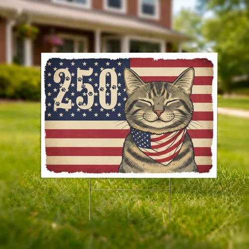 Gray Tabby Cat American Flag 250th Anniversary (1776-2026) Patriot Cat Lover Gift Yard Sign