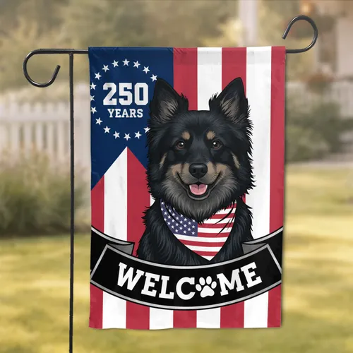 Black Schipperke Dog American Flag USA 250th Anniversary - Welcome Paw Print Patriotic Art Garden Flag