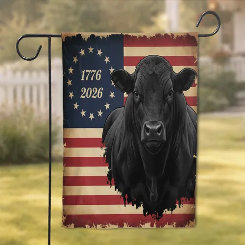 Photorealistic Black Angus Cow Betsy Ross Flag 1776-2026 - USA 250th Anniversary Garden Flag