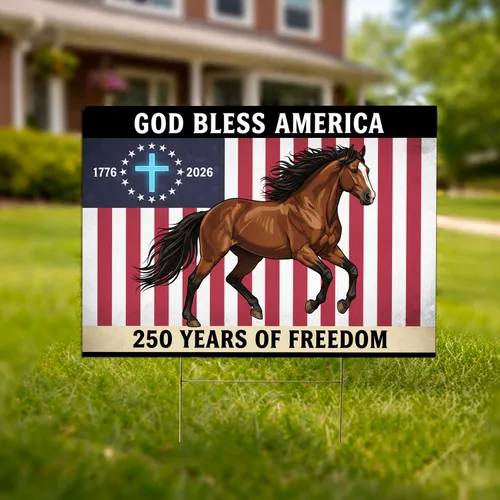 Patriotic Galloping Horse American Flag Christian Cross - USA 250th Anniversary 1776-2026 Yard Sign