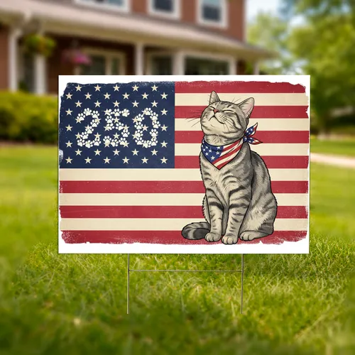Patriotic Gray Tabby Cat American Flag USA 250th Anniversary (1776-2026) Independence Day Yard Sign