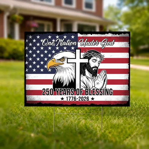 Bald Eagle Jesus Christ Cross Distressed Flag - One Nation Under God 250th Anniversary 1776-2026 Yard Sign