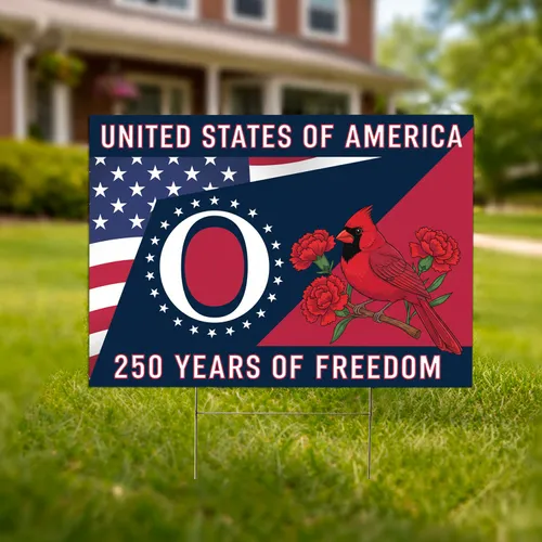 American & Ohio Flag Cardinal Art - USA 250 Years of Freedom 1776-2026 Anniversary Yard Sign