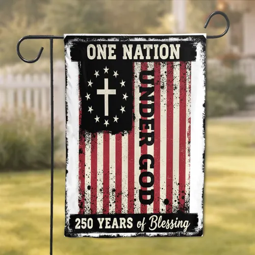 One Nation Under God Christian Cross - USA 250th Anniversary (1776-2026) Distressed American Garden Flag