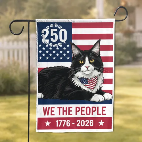Black White Maine Coon Cat American Flag 250th Anniversary We The People 1776-2026 Garden Flag