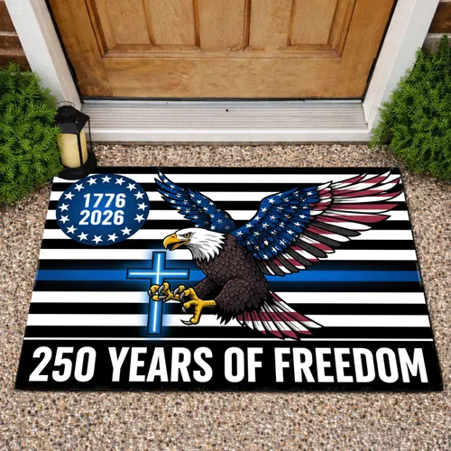 Bald Eagle American Flag Christian Cross Thin Blue Line - USA 250 Years of Freedom Doormat