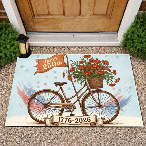 Rustic Bicycle Wicker Basket Daisies Flag - America 250th Anniversary (1776-2026) Doormat