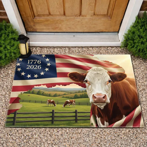 Hereford Cow Betsy Ross Flag 1776-2026 - USA 250th Anniversary Patriotic Art Doormat