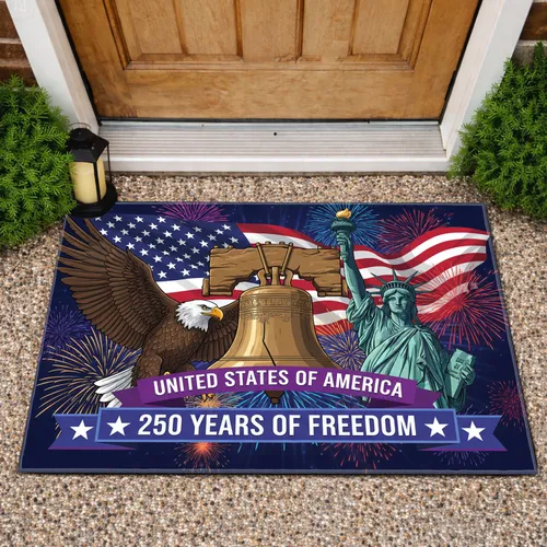 Liberty Bell Bald Eagle Statue American Flag - USA 250th Anniversary (1776-2026) Doormat