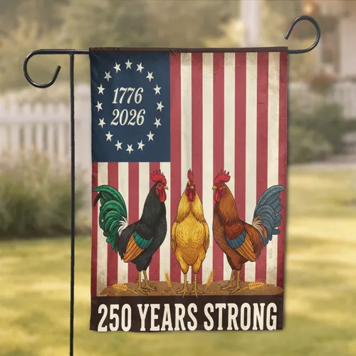 Distressed Roosters American Flag 1776-2026 - USA 250th Anniversary Independence Day Garden Flag