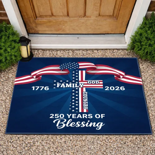 Patriotic Cross Flag GOD FAMILY COUNTRY 1776-2026 - USA 250 Years of Blessing Doormat