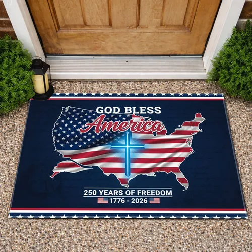 God Bless America Flag Map Cross 1776-2026 - 250 Years of Freedom Patriotic Doormat