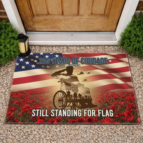 Saluting Soldier Wheelchair American Flag Poppies - 250th Anniversary 1776-2026 Veterans Gift Doormat