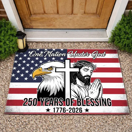 Bald Eagle Jesus Christ Cross Distressed Flag - One Nation Under God 250th Anniversary 1776-2026 Doormat