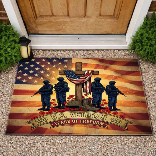 Soldier Cross Flag 1776-2026 - USA 250 Years of Freedom Patriotic Veteran Tribute Doormat