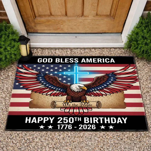 Bald Eagle American Flag 1776-2026 Electric Cross - God Bless America 250th Anniversary Doormat