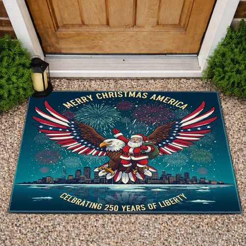 Bald Eagle American Flag Santa Christmas Cityscape - USA 250th Anniversary 1776-2026 Doormat