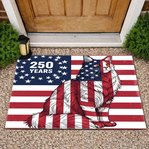 Maine Coon Cat American Flag 1776-2026 - USA 250th Anniversary Patriotic Celebration Doormat