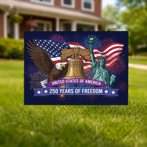 Liberty Bell Bald Eagle Statue American Flag - USA 250th Anniversary (1776-2026) Yard Sign