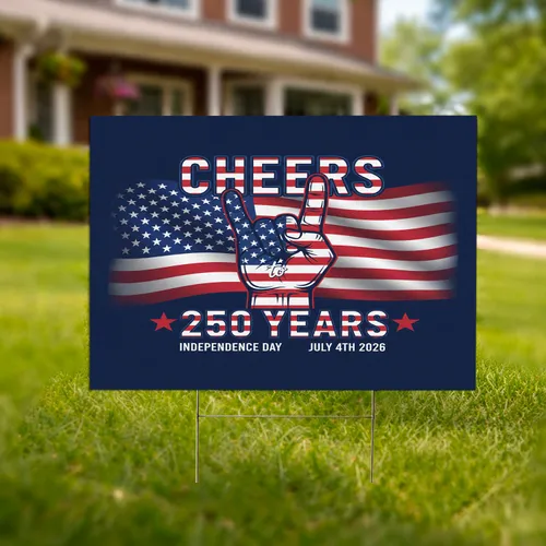 Patriotic Rock On Hand American Flag - Cheers 250 Years USA Independence Day 2026 Yard Sign