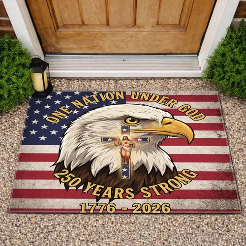 Bald Eagle Christian Cross American Flag 1776-2026 - One Nation Under God 250 Years Doormat