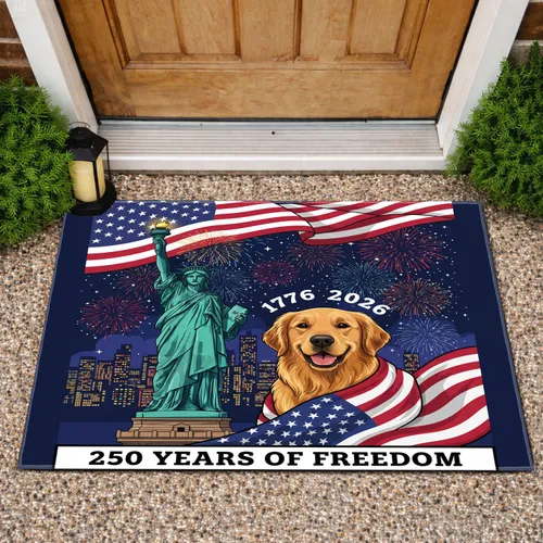Golden Retriever Statue of Liberty American Flag 1776-2026 - 250 Years of Freedom Doormat