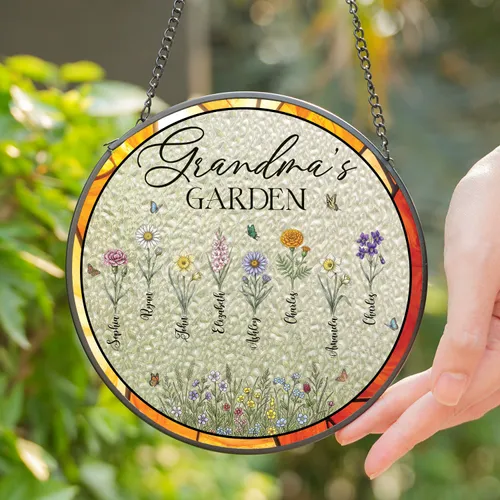 Custom Grandma's Gift, Month Flower Stain Glass Suncatcher, Mother's Day Gift , Grandma Gift From Grandson, Granddaughter, Nana's Garden