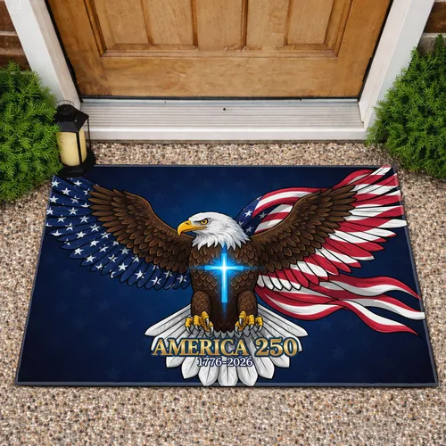 Bald Eagle American Flag Christian Cross 1776-2026 - USA 250th Anniversary for Veterans Doormat