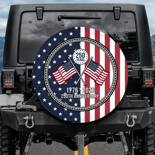 Crossed Flags 250 Years 1776-2026 - USA 250th Anniversary Patriotic Veteran Gift Spare Tire Cover