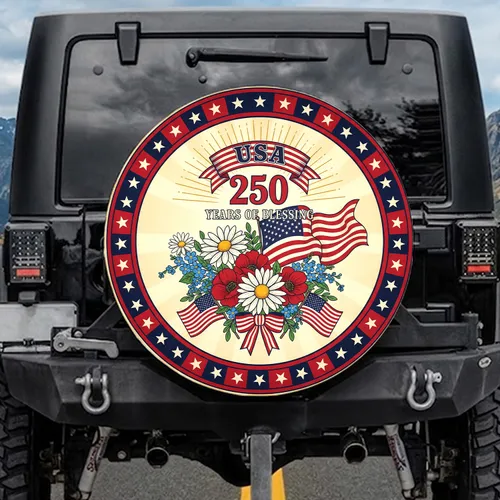 USA 250 Years of Blessing Flag Floral Sun Rays - Patriotic America 1776-2026 Anniversary Spare Tire Cover